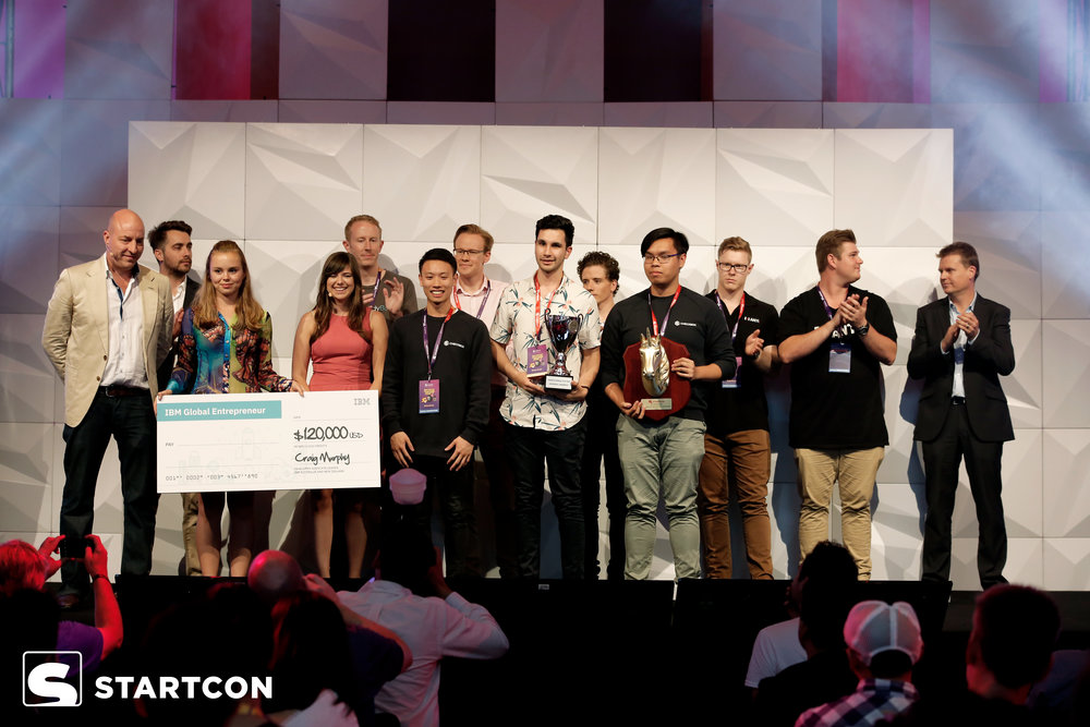  The 2017 StartCon Pitch Competition Winners, Checkbox, with their trophy and prize 